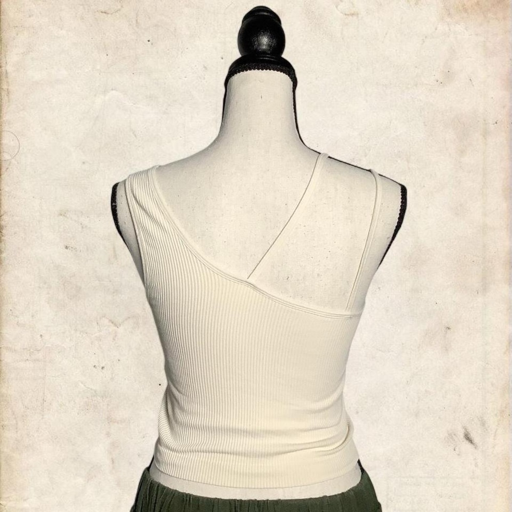 Cream Asymmetrical Ribbed Tank Top - Picture 4 of 9